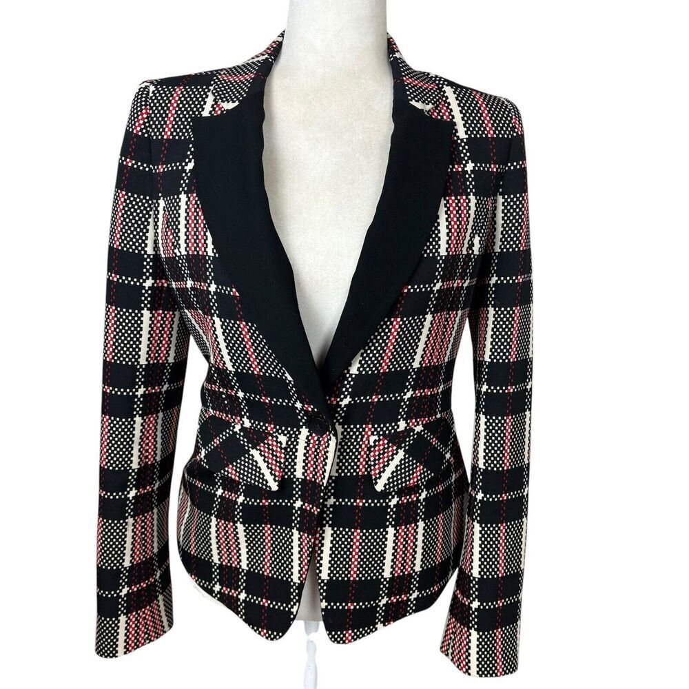 1.State Blazer Womens Size 4 Black Red Digital Plaid Fitted Preppy Vintage Y2K - Picture 9 of 14